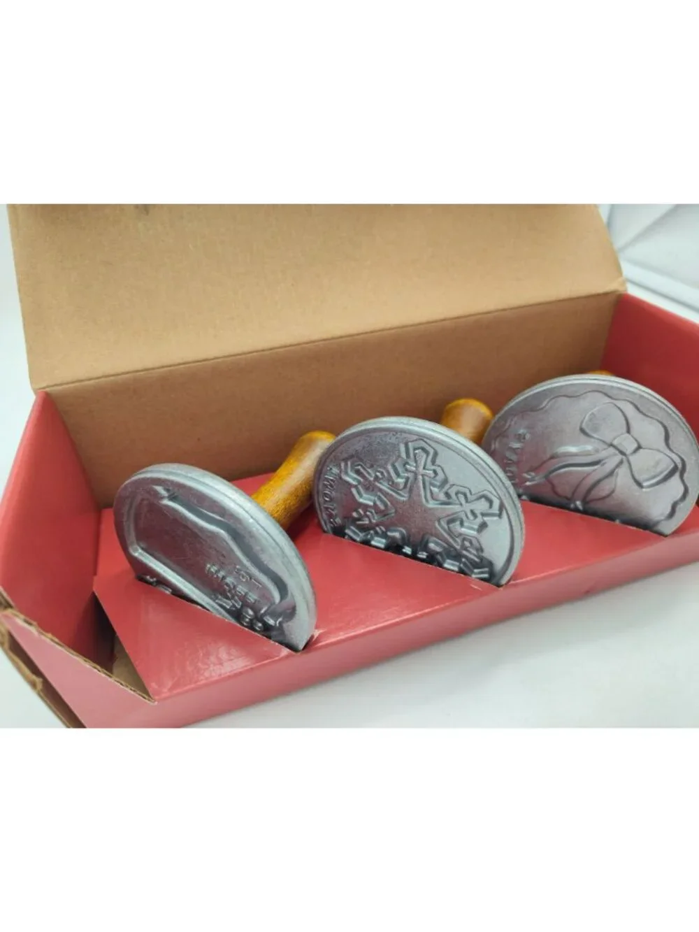 Nordic Ware Set of 3 Holiday Cookie Stamps Made USA Snow Bow Gift Tag Box damage